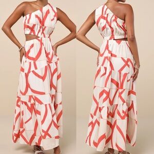 Yasmin White and Coral Abstract Linen One-Shoulder Maxi Dress